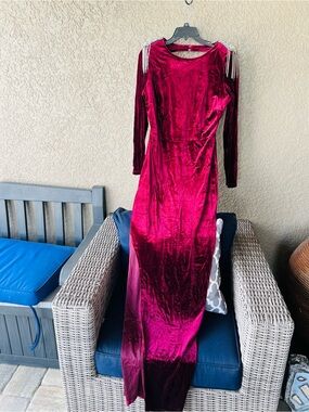 Velvet Burgundy Long Sleeve Maxi Dress with Shoulder Tassels